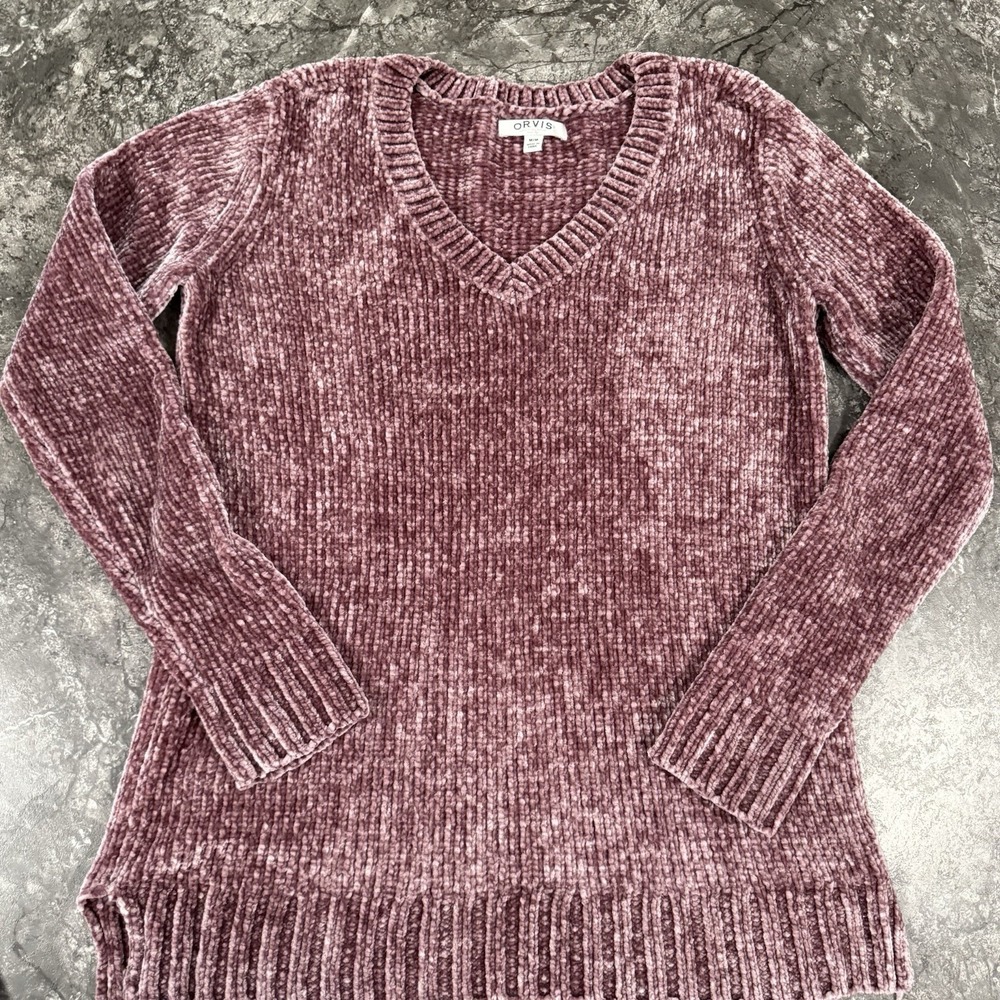 Orvis Womens Chenille V Neck Pullover Tunic Sweater Chunky Plushy‎ Mauve Sz M - Picture 3 of 9